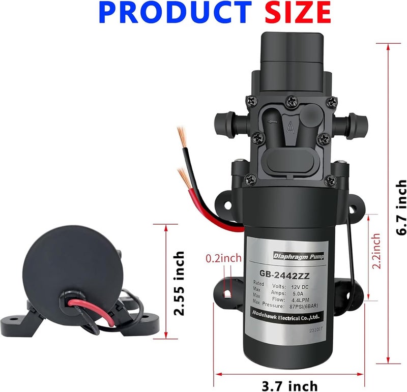 nodehawk DC 12V Diaphragm Pump, Self-Priming Sprayer Pump, 1.2 GPM 87 PSI Pressure Switch Adjustable water pump, With 2 hose clamps, for RV Camping Shower Garden Irrigation - Image 2